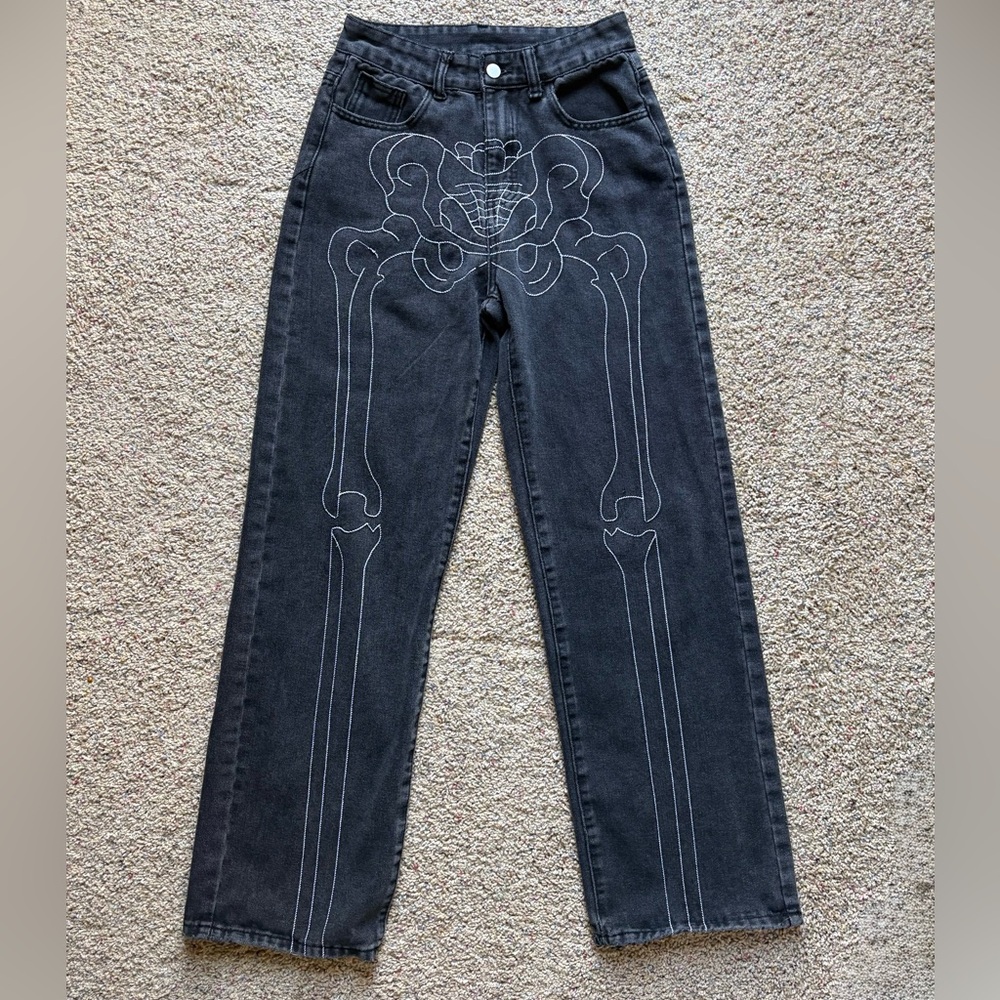 ROMWE Grunge Punk Skeleton Graphic Straight Leg Jeans Black Size Small